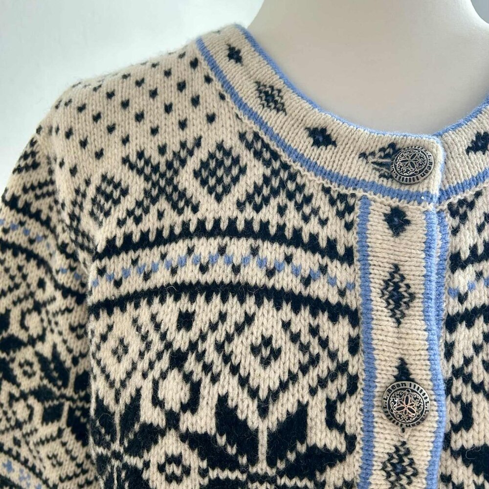 Vintage L.L.Bean Ivory & Black Pure Lambswool Nordic Heritage Cardigan – US XL